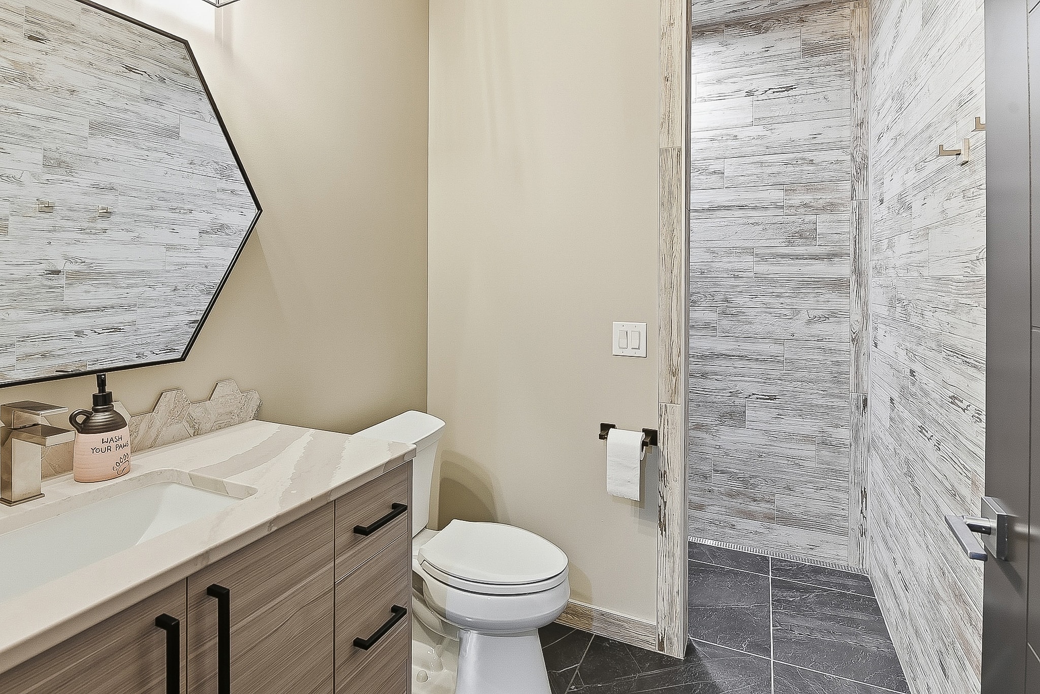 Full bathroom with wood-look tile shower and modern vanity