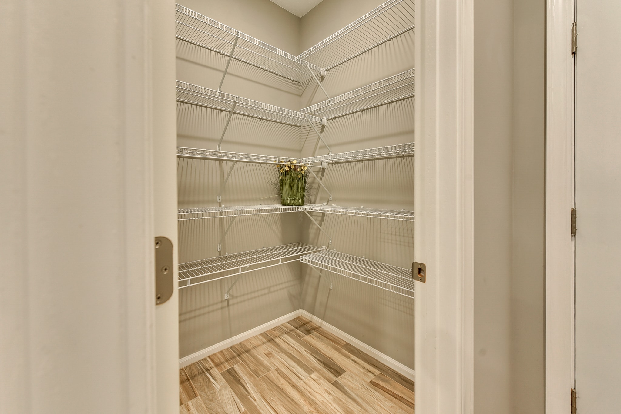 Walk-in pantry with wire shelving, tile floor and double doors
