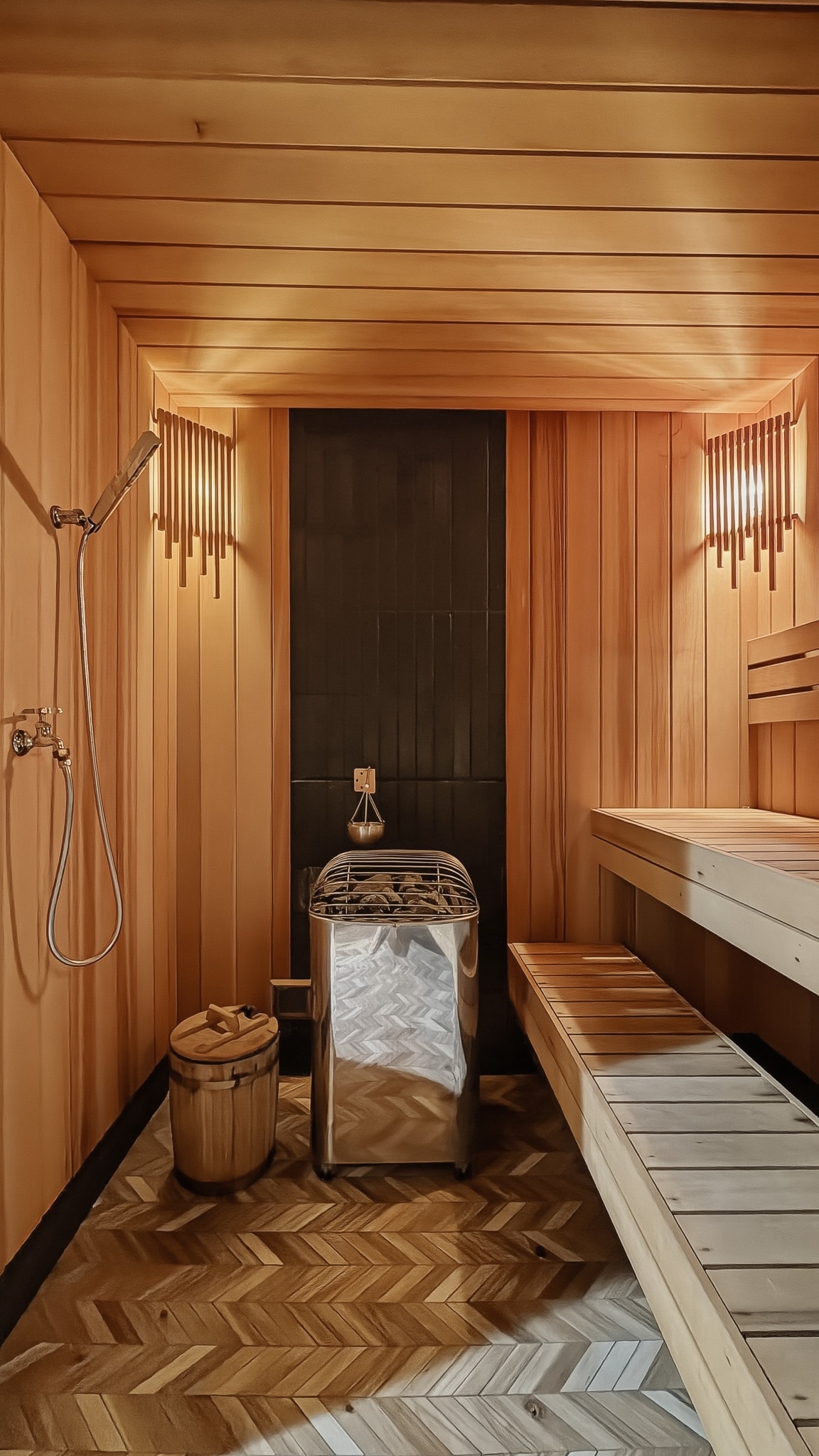 Custom sauna interior with cedar walls, herringbone tile floor, sauna heater and warm sconce lighting